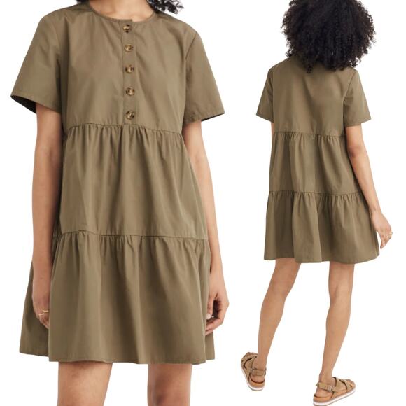 Madewell Tiered Button Front Mini Dress Short Sleeve A Line Swing Olive Green XS - Picture 1 of 7